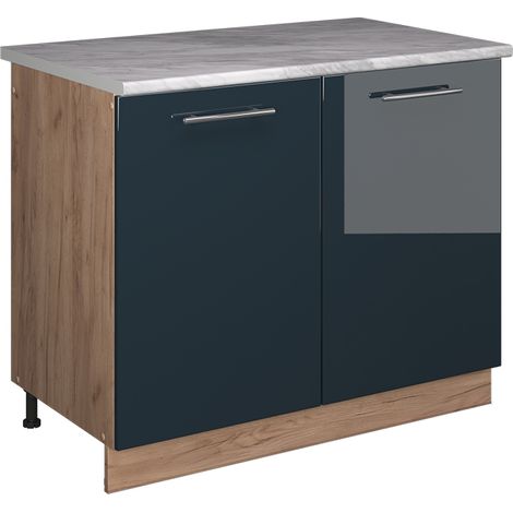 Spülenunterschrank Fame-Line, Dunkelblau Hochglanz/Goldkraft Eiche, 100 cm, AP Marmor, Vicco (1/5)