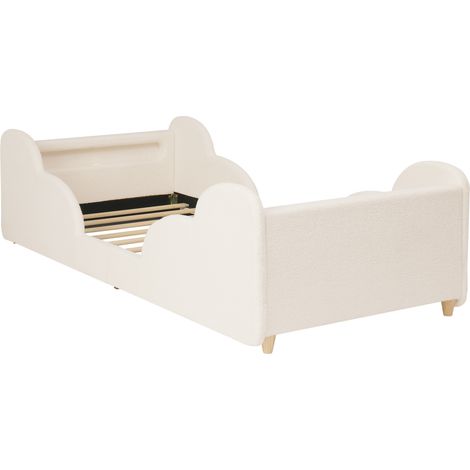 Letto bambini 90x200 imbottito con barriera, LED, USB, beige bouclé MODENUIT (1/5)