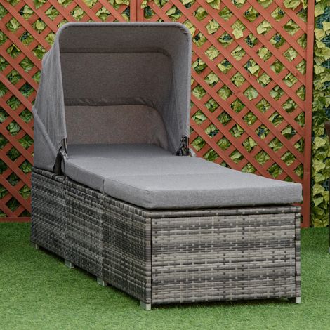 Chaise longue de jardin 195x65x40 cm en résine tressée grise avec auvent ouvrant - CHICFURN (1/5)