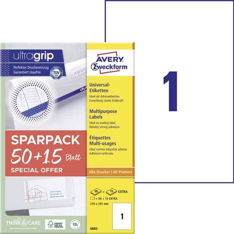Avery-Zweckform 6603 Etichetta universale 210 x 297 mm Carta Bianco 65 pz. A tenuta permanente Stampante laser a colori (1/5)