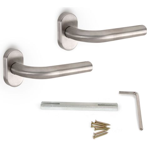 Emuca Lote de 2 manivelas con roseta oval para puertas de interior, forma de L, acero inoxidable, Níquel satinado