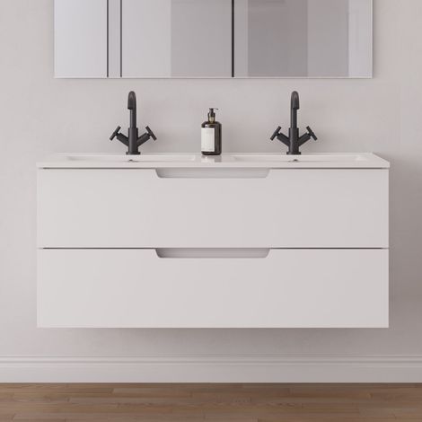 Meuble de salle de bain 120 cm double vasque - 2 tiroirs - sans miroir - blanc mat - SONRIZA (1/5)