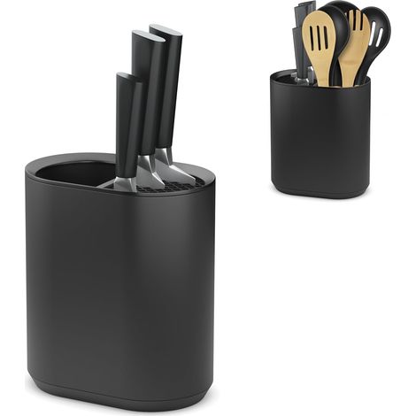 Pot à Ustensiles et Bloc à Couteaux 2 en 1, 19,5x18 cm, Noir Mat (1/5)