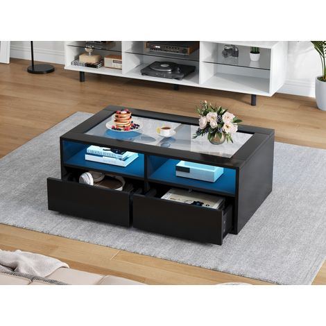 Mesa de centro de vidrio y aglomerado negro 100 cm con LED, 2 cajones y huecos abiertos (1/5)