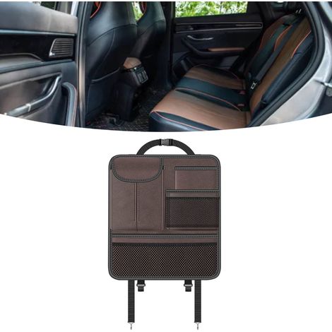 Sacoche de rangement multifonctionnelle pour siège auto, avec support pour téléphone, portefeuille, lunettes et boîtes de mouchoirs (marron). (1/5)