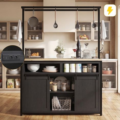 Îlot de cuisine 107x62x183 cm aspect bois noir avec plan de travail prise électrique étagère, meuble cuisine complet pour cuisine et salle à manger (1/5)