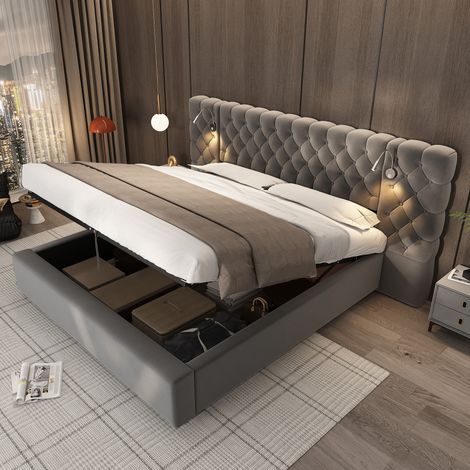 Letto contenitore adulto 160x200 cm con testiera, rete a doghe e lampada da lettura, in velluto grigio, materasso non incluso (1/5)