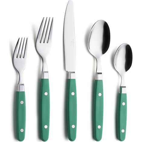 Ensemble de couverts/couverts en acier inoxydable avec poignées de couleur et rivets/style rétro. (Green, 20 Pieces) (1/3)