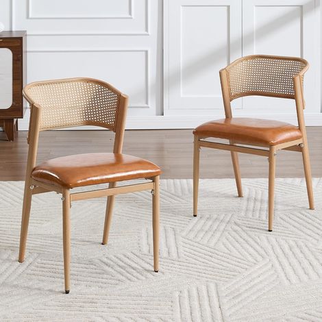 Wahson Esszimmerstühle 2er Set, Rattan Küchenstühle mit Metallbeinen, Kunstleder Polsterstuhl für Küche Wohnzimmer, Gelb (1/5)