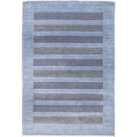 Tapis en laine Stripy - Tapis en laine - 180x120cm, Rectangular - 100% Laine vierge - Tissé main - Bleu (1/4)