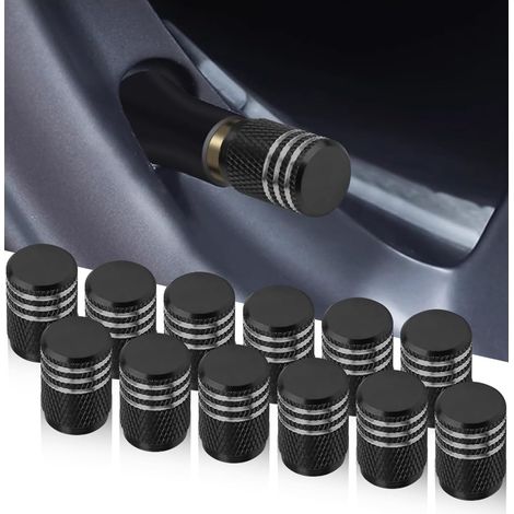 12 Pièces Bouchons De Valve De Pneu, Bouchons Tige De Valve Pneu en Aluminium avec Joint, Bouchons Valve Pneu, Chapeaux Anti-Poussière Voiture pour Voiture, Moto, Bicyclette(Noir) (1/5)