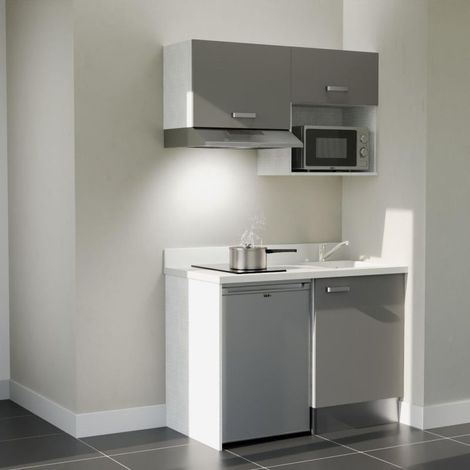 Kitchenette K02L - 120 cm - plan monobloc évier intégré Snova- évier à droite - Façades Gris + Electroménager inclus coloris Inox
