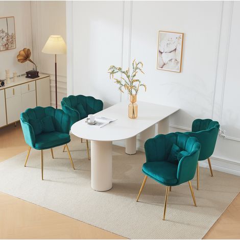 Set de 4 sillas de terciopelo verde con respaldo pétalo y patas metálicas doradas, 63 x 58 x 77 cm (1/5)