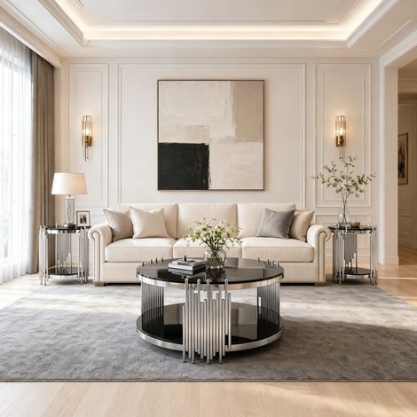 Table ronde en verre trempé 6mm, 45cm, noire avec piètement acier inoxydable argenté, moderne pour salon, canapé, balcon ou chambre, montage et nettoyage faciles.