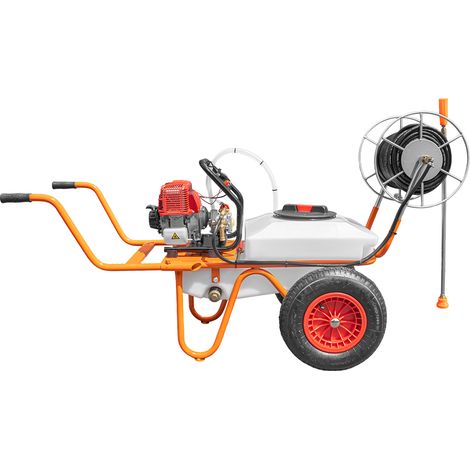 Bricoferr Carretilla sulfatadora de 2 ruedas 31.5cc 50L con manguera de 50 metros y lanza de 90 cm