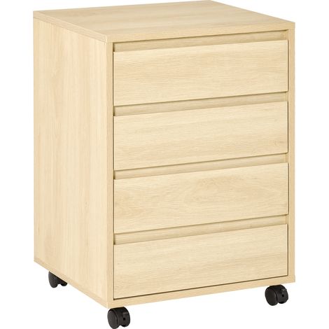 Mobiletto da ufficio con ruote e 4 cassetti scorrevoli, effetto legno chiaro.