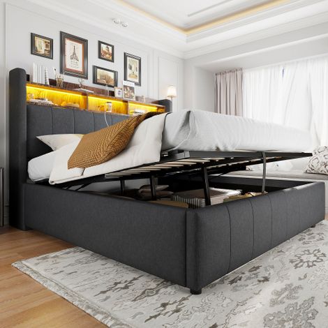 Letto imbottito 160200 cm con illuminazione a LED e presa USB, testiera con ripiani e vano contenitore, con meccanismo di sollevamento idraulico, letto matrimoniale per adulti, tessuto di lino grigio (1/5)