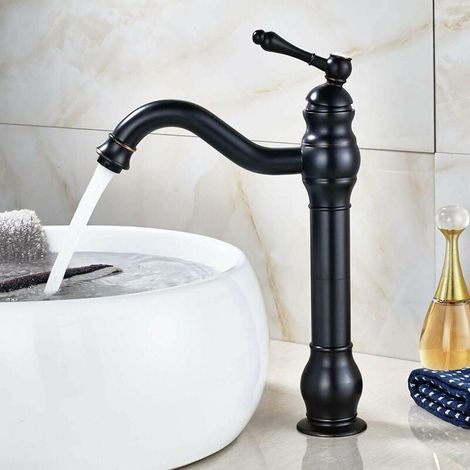 Retro-Waschtischarmatur, schwarzer Badezimmer-Wasserhahn, hoch, um 360° drehbar, klassischer Retro-Badezimmer-Wasserhahn Zamery Messing-Waschtischarmatur (1/5)