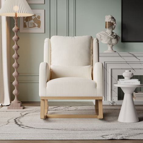 Fauteuil à bascule, poches latérales intégrées, dossier rembourré épais, oreiller inclus, pieds en bois massif, mélange coton-lin, beige (1/5)