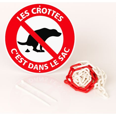 Les crottes c'est dans le sac disque rigide prépercé avec chaine plastique rouge/blanc avec collier de serrage de serrage - panneau rond signalisation Diamètre 300 mm