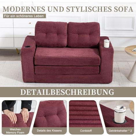 Canapé 2 places velours côtelé rouge vent, sofa convertible avec double assise, pouf sans cadre, porte-gobelets et poches latérales, grand fauteuil à coussins matelassés et dossier