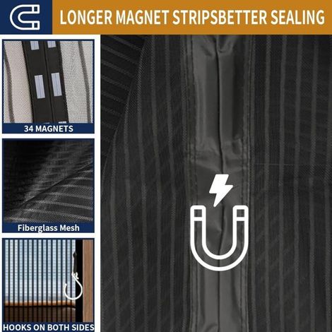 Moustiquaire magnétique pour porte 140x240cm – 32 aimants pour fermeture rapide – Tissu à mailles fines – Lavable en machine à 30°C – Noir (1/4)