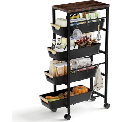 Meuble Rangement Cuisine, Corbeille à Fruits en Métal Chariot de Rangement à 5 Niveaux avec Plateau en Bois, Cuisine, Chambre, Salle de Bain, Dortoir (1/5)
