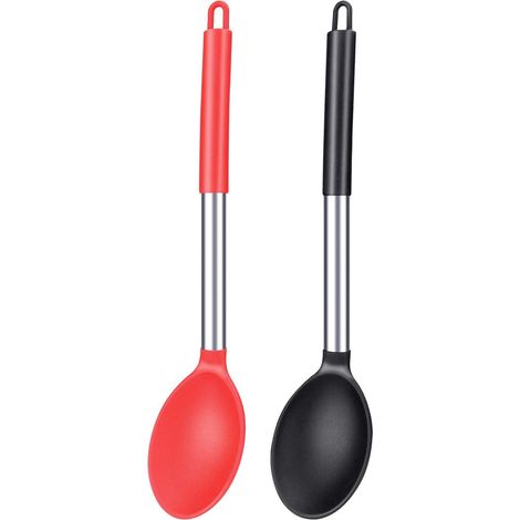 Cuillere Cuisine Silicone - Résistant Jusqu'à 230 °C - Pour Mélanger Et Servir - Lot De 2 - Noir Rouge (1/4)