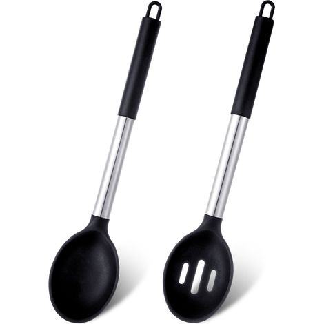 Set di 2 cucchiai da cucina in silicone, cucchiai da portata grandi, antiaderenti, resistenti al calore, adatti per alimenti, ideali per cucinare, cuocere e scolare. (1/5)