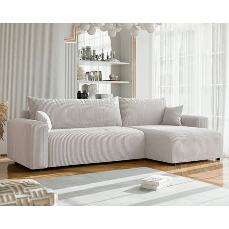Ecksofa mit Schlaffunktion LUNA MAX in Stoff Poso Altweiß Ottomane Rechts