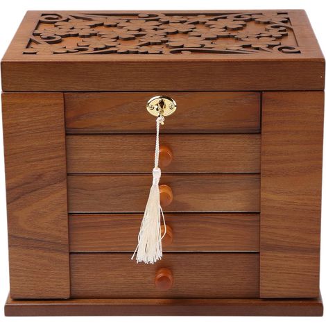 Boîte à bijoux en bois pour femme - Organiseur en bois massif avec serrure à combinaison pour bijoux, colliers, bagues - Boîte de rangement de style vintage avec miroir (cerise) (1/5)