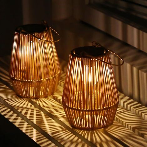 Set of 2 rattan solar lights, outdoor solar lanterns, garden solar lights, IP55 waterproof for garden, patio, porch, balcony, courtyard