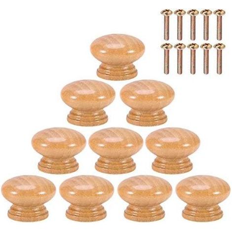 Lntyq 10Pcs Poignée Bouton de Porte Boutons En Bois Naturel Ronde Champignon Cabinet Placard Bouton Poignées avec Vis S/M/L (28MM) (1/5)