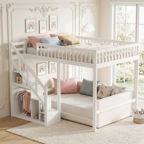 Lit superposé 90x200 cm, escalier avec rangement intégré, lit mezzanine 2 places, sommier à lattes, barrière de sécurité, lit adulte pour ado, bois massif - Blanc