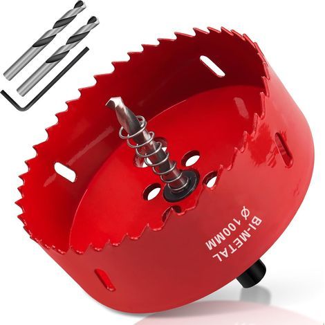 100-mm-Lochsäge, HSS M42 Bimetall-Holzlochsäge, Lochsäge mit Adapter und Zentrierbohrer, ideal für Holz, Gipskarton, Trockenbauwände und Kunststoff, 1 Stück, Rot (1/5)