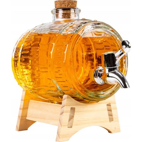 BARILE DI VETRO barile "scanalato" con rubinetto 1 L su supporto per moonshine, per whisky