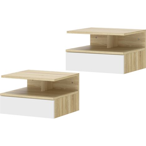 Set aus 2 wandmontierten Nachttischen mit Schublade und offenem Fach, 35 x 32 x 22,5 cm, weiß und eiche