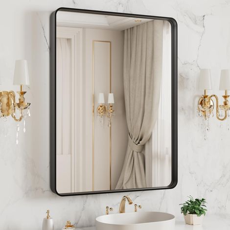 Miroir de Salle de Bain avec Cadre en métal Noir Mat 50,8 x 40,6 cm, Grand Miroir rectangulaire Arrondi, Anti-Rouille, Verre trempé, à Suspendre horizontalement ou verticalement (1/5)