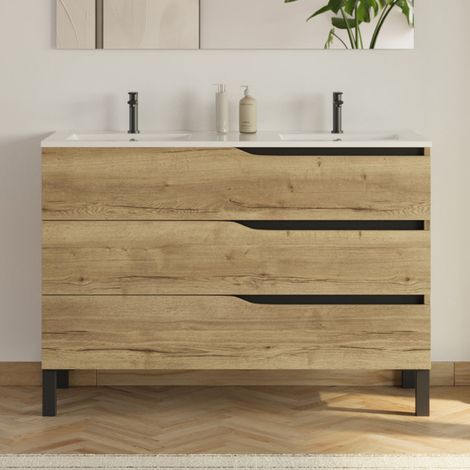 Meuble sous vasque seul, 3 tiroirs, 120cm, pour double vasque - madera miel (chêne clair) - MATA