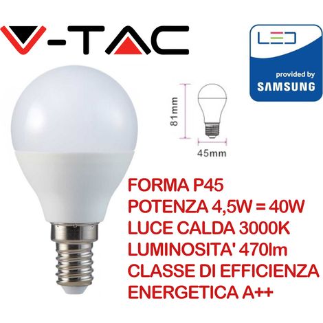 V-TAC VT-225 Lampadina Chip LED samsung 4,5W E14 P45 bianco caldo 3000K - SKU 264