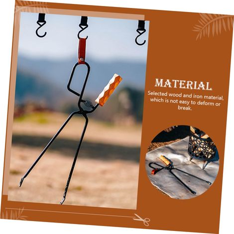 Pince à barbecue en fer, pince à barbecue à long manche, pince à feu avec manche en bois massif, résistante à la chaleur pour la cuisson en extérieur (1/5)