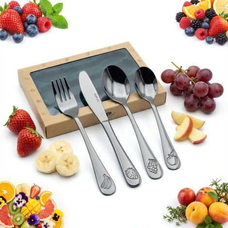 SET DI POSATE PER BAMBINI IN ACCIAIO 4 PEZZI CUCCHIAIO FORCHETTA COLTELLO CUCCHIAIO SET (1/5)
