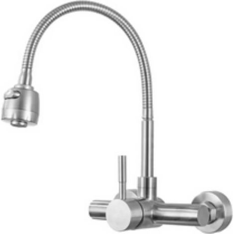 Robinet de cuisine mural double trou chromé (nickel brossé) sans plomb, mitigeur eau chaude/froide, jet puissant, rotation à 360°, flexible (1/5)