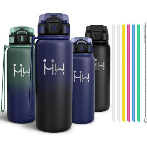 Gourde Inox 750ml, Bouteille Isotherme avec six Pailles et 1 Brosse à épong, Conservation du Chaud et du Froid, sans BPA, Réutilisable, Bouteille - Bleu encre (1/5)
