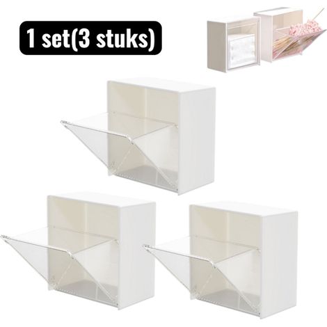 Lot de 3 boîtes de rangement pour salle de bain avec couvercle installation sans perçage pour cotons maquillage et bijoux résistantes à l'humidité et à la poussière blanc (1/5)