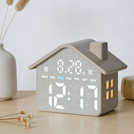 GH8063 Réveil en forme de maison bois gris avec veilleuse (1/5)
