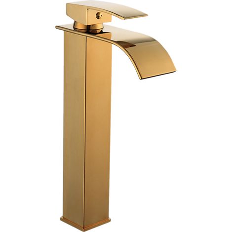 Grifo tipo cascada para lavabo de baño, grifo mezclador monomando de latón, mezclador de agua fría/caliente con 2 mangueras flexibles. (1/5)