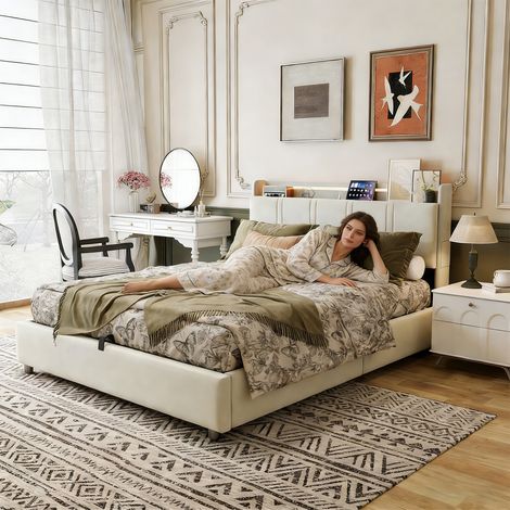 CJHXE Cama doble tapizada de 140 x 200 cm, cama con canapé y sistema hidráulico, cabecero con espacio de almacenamiento, puerto USB y Type-C e iluminación LED, somier de láminas (1/5)