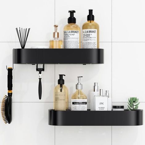 Etagere Douche sans Percage, 2 Pièces Etagere Salle de Bain Antirouille avec 4 Crochets, 38,5-40 cm Grande Capacité Rangement Salle de Bain Accessoire Organisateur (Noir) (1/4)
