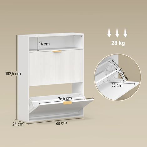 Meuble à chaussures étroit deux compartiments rabattables plateau supérieur pour vestibule blanc (1/4)